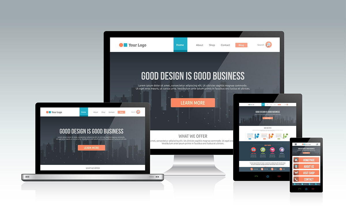a web page that says "a good design is a good business" displayed on a desktop, laptop, tablet, and a mobile phone