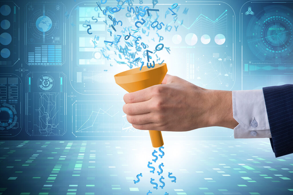 sales funnel and conversion creative representation: a hand holding a funnel where numbers are pouring in and income is coming out