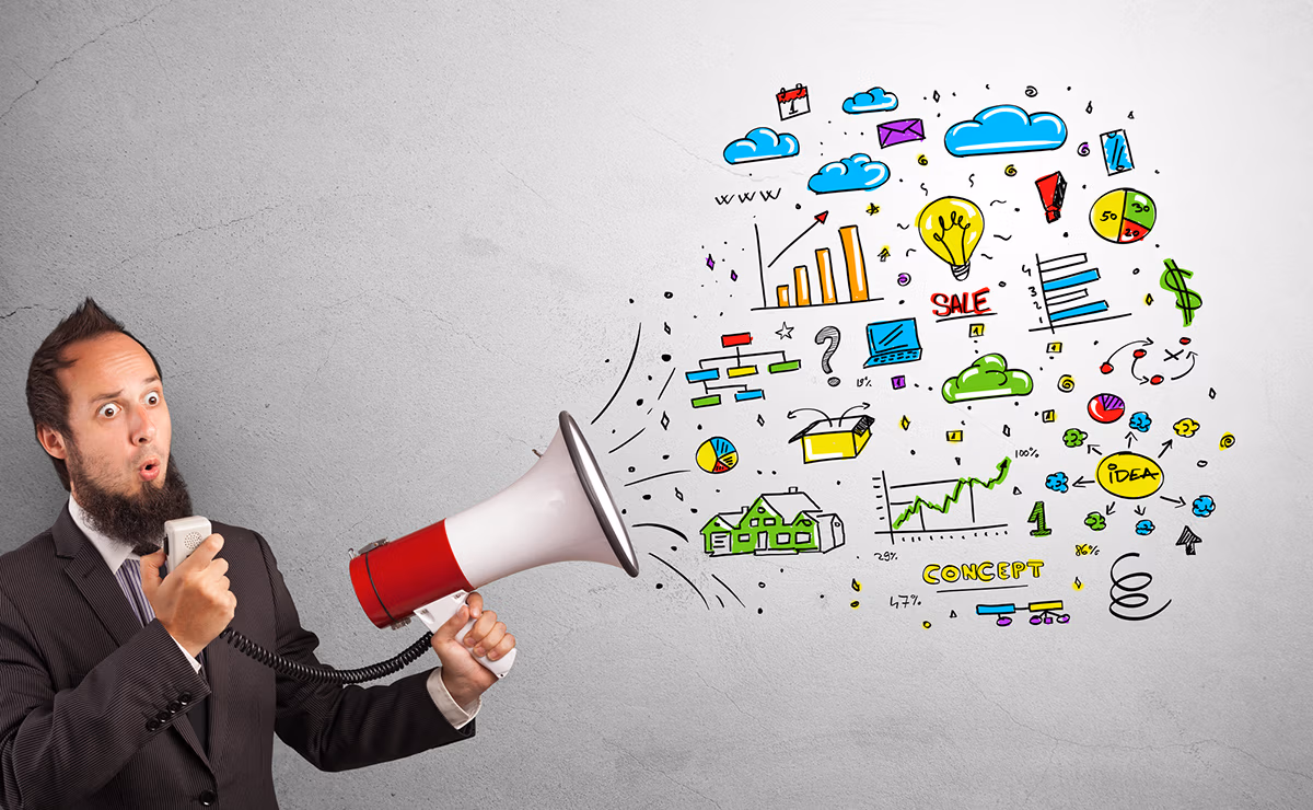 marketing sales funnel creative representation showing a man speaking with various icons coming out of his megaphone