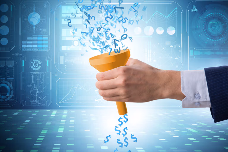 sales funnel and conversion creative representation: a hand holding a funnel where numbers are pouring in and income is coming out