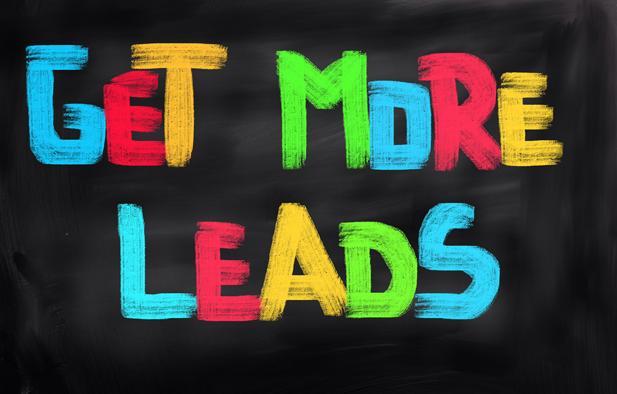 A colorful text, written all caps, black background which reads "Get more leads." Its colors are blue, red, yellow and green.