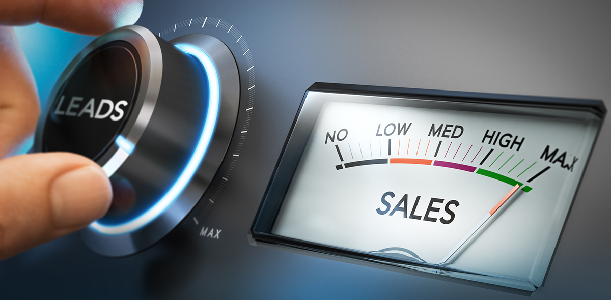 creative representation of increasing sales: a button labeled as "leads" and a sales meter that reads "no-low-medium-high-max" beside it