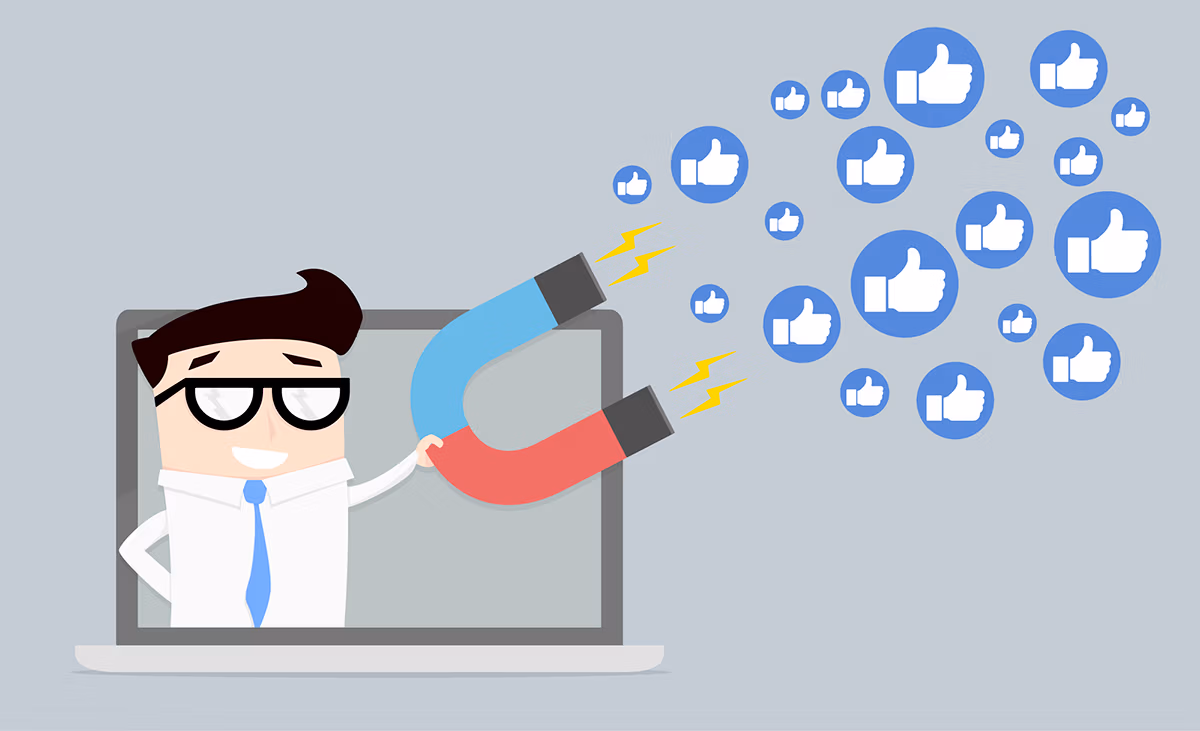 social media benefits: a digital drawing of an oversized man inside a laptop and holding a giant magnet that is pulling a lot of thumbs up
