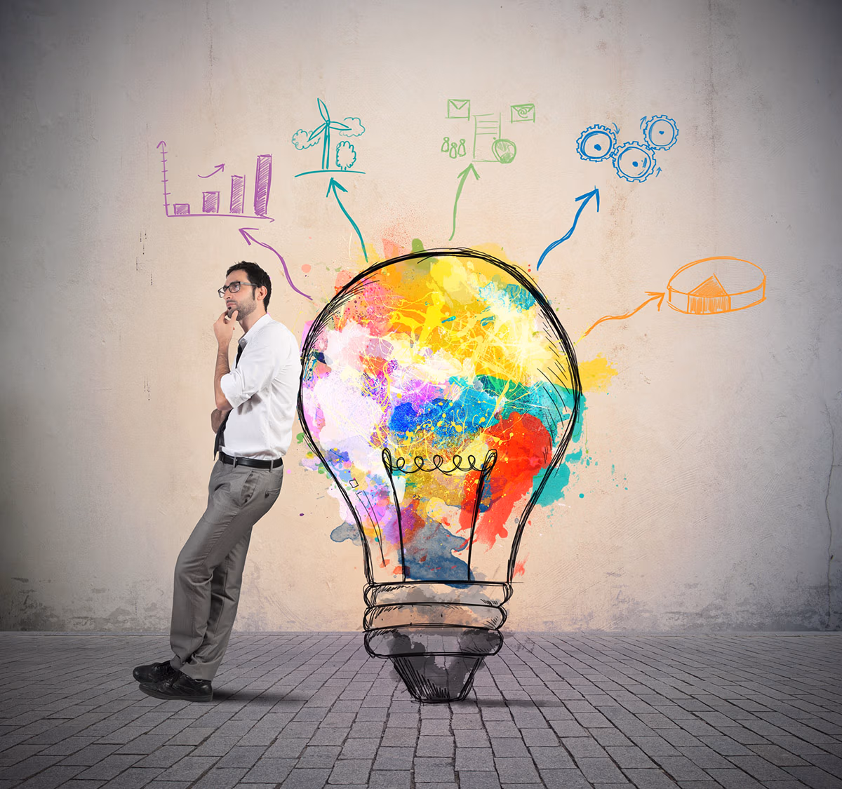 Content planning creative representation: a man leaning on a colorful giant light bulb