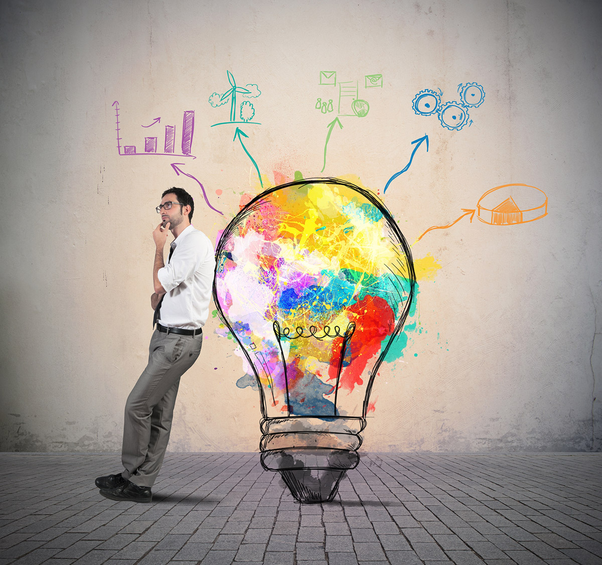 Content planning creative representation: a man leaning on a colorful giant light bulb
