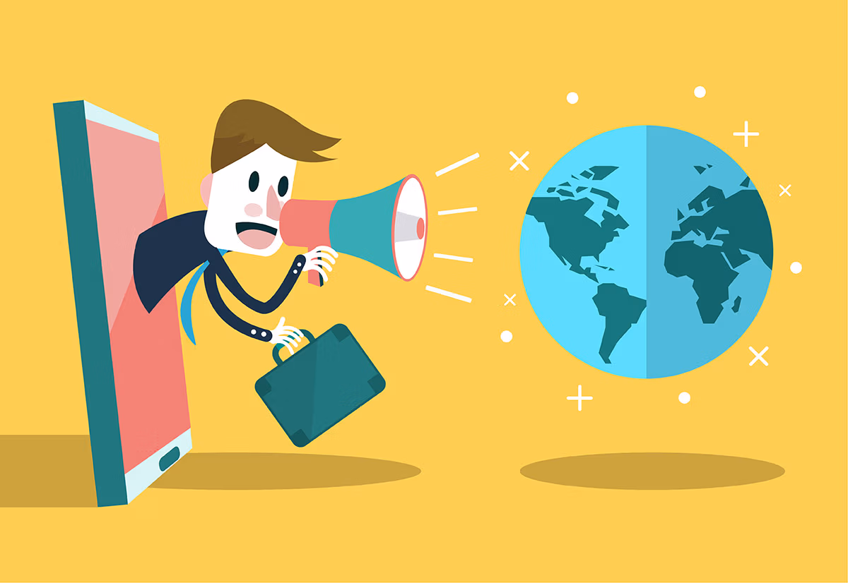 content optimization creative representation: a man coming out of a mobile phone screen, holding a suitcase, and using a loudspeaker to talk to the world