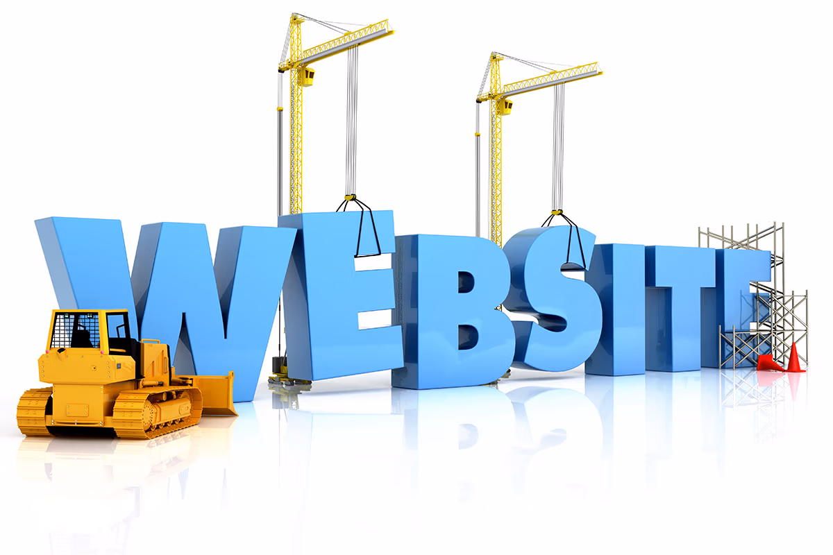 Updating a website creative representation: a loader, cranes, and scaffolding assembling the word “WEBSITE”