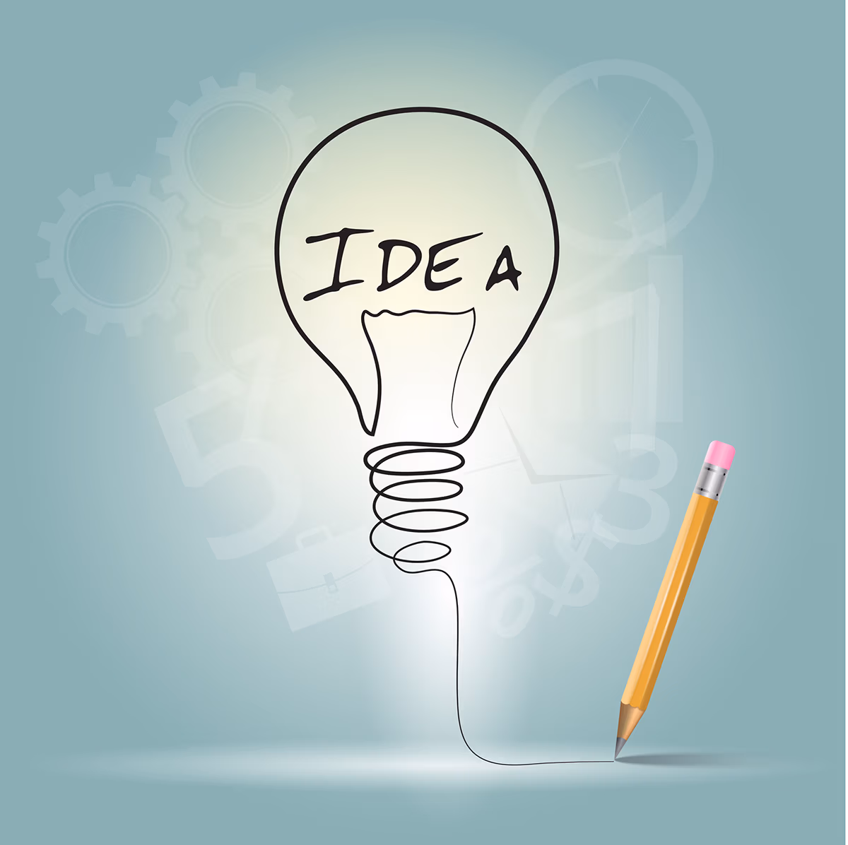 A yellow pencil beside a doodle of a light bulb with the word "IDEA" in it
