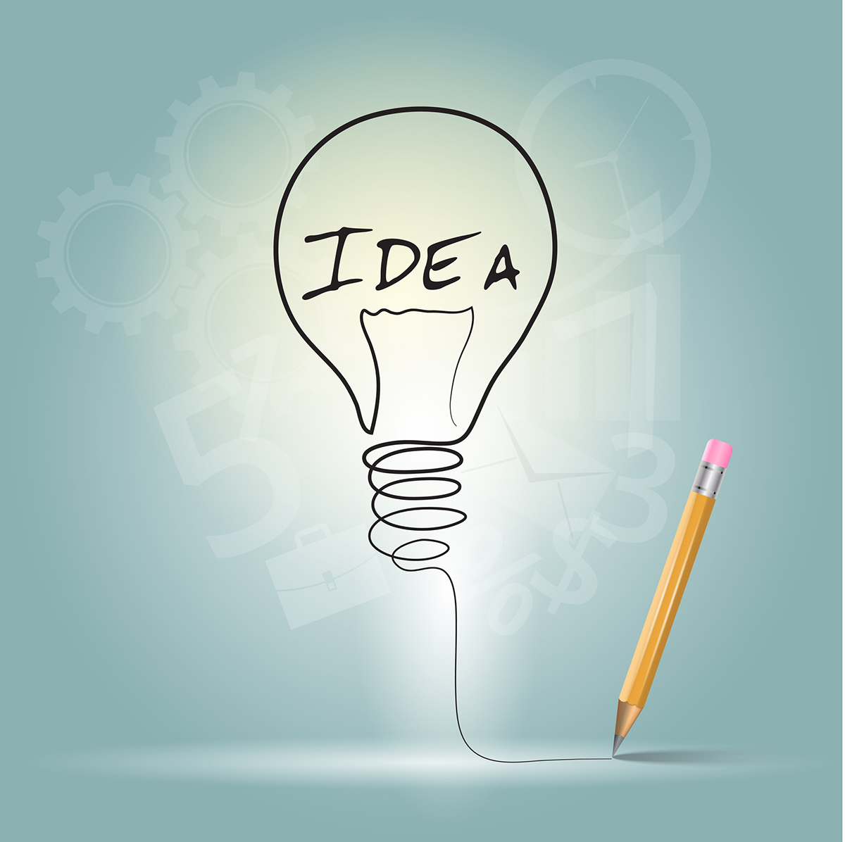 A yellow pencil beside a doodle of a light bulb with the word "IDEA" in it