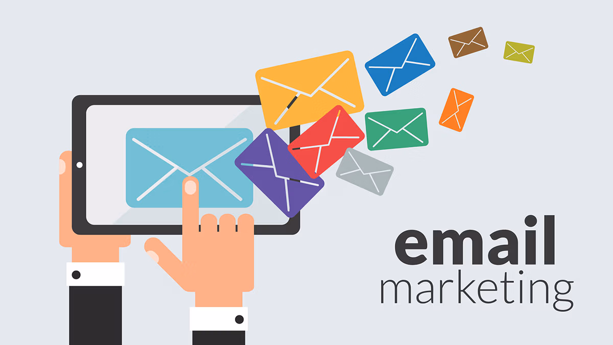 email marketing creative representation: a digital drawing showing one hand holding a mobile device and the other hand tapping it while colorful emails come out