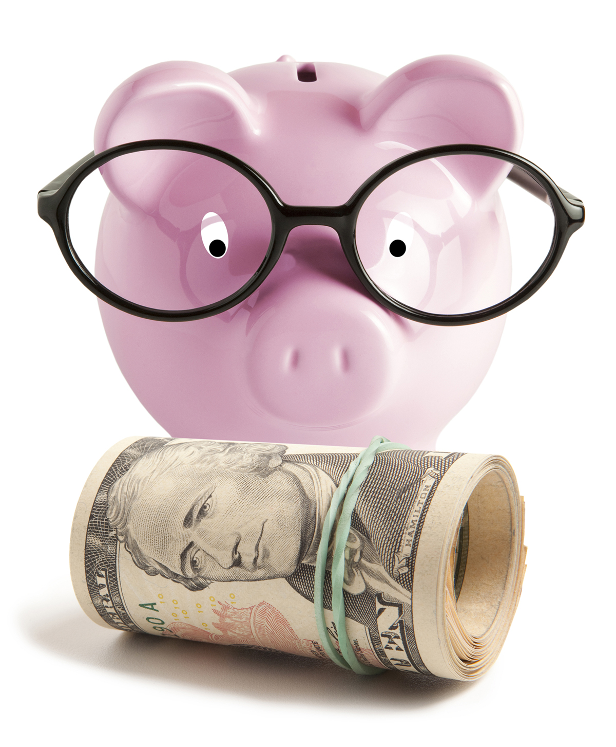 It's surprisingly cost-effective: a pink piggy bank with eyeglasses and funny expression facing rubberband-rolled bills