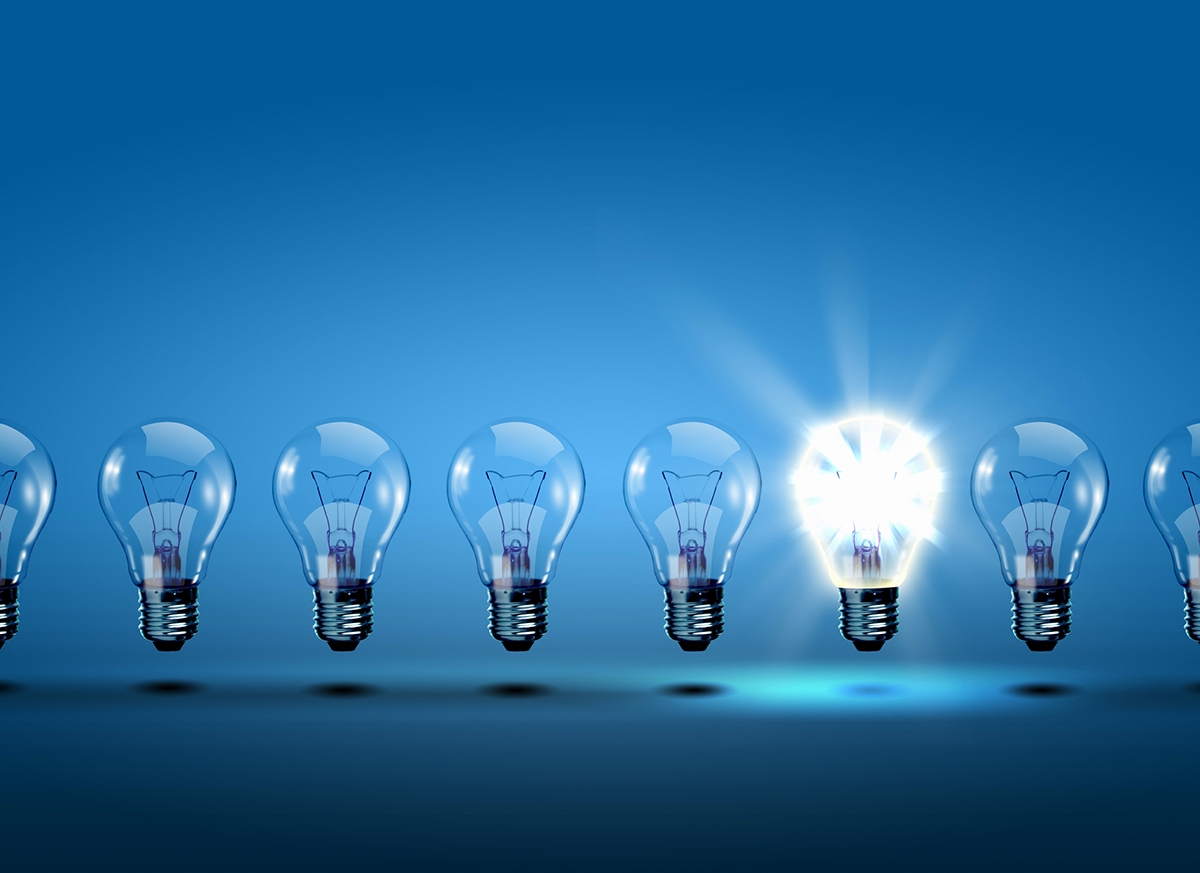 Be an information resource: a row of 8 light bulbs on blue background with only the sixth of which is lighted. 