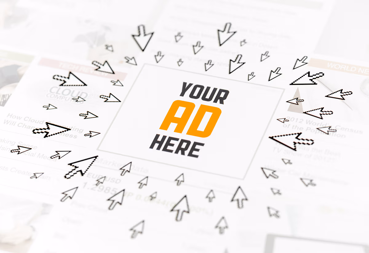 An image with the phrase "Your Ad here" in its center with lots of arrow icons pointing into it.