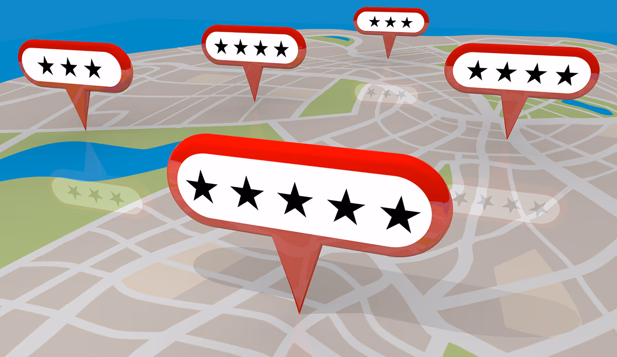 An image of a Google map with locations marked by three- to five-star reviews