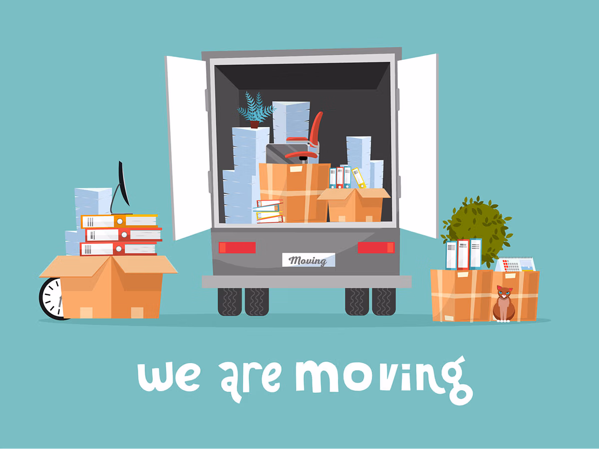 a digital drawing of a moving van filled with boxes and personal stuff with the phrase "We are are moving." 