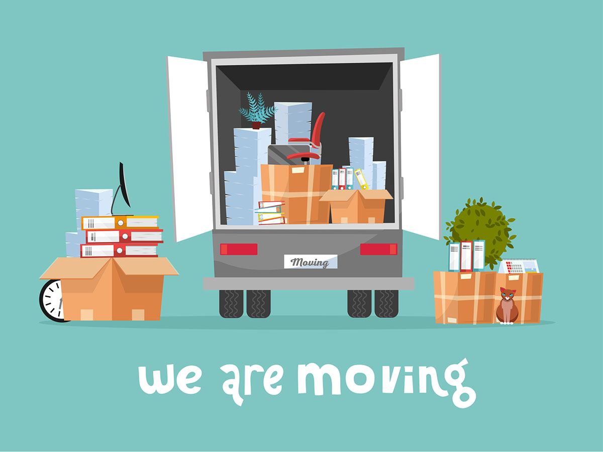 a digital drawing of a moving van filled with boxes and personal stuff with the phrase "We are are moving." 