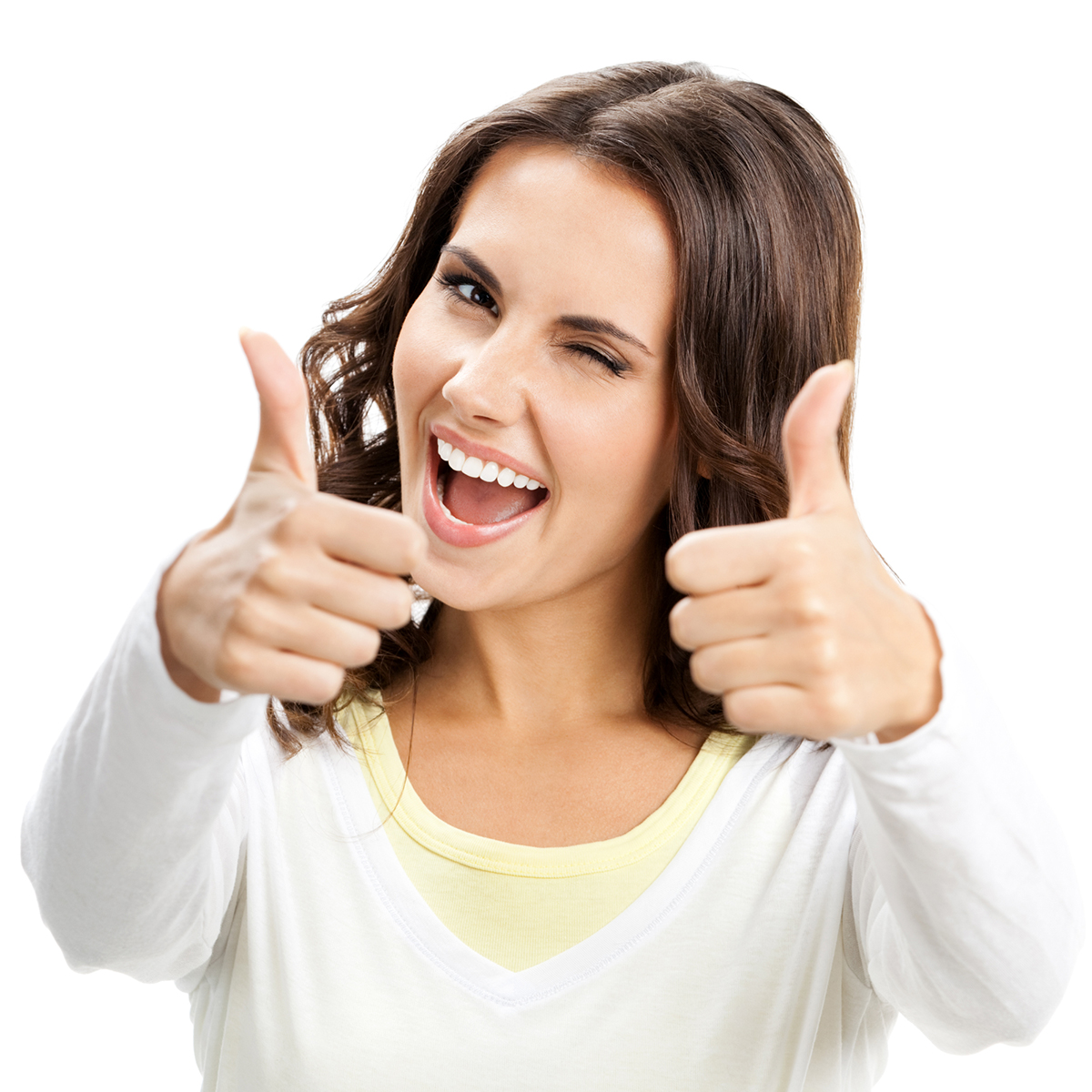 Why reviews matter: a smiling woman showing two thumbs up.