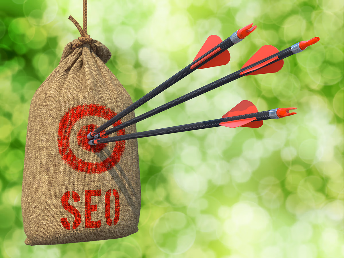 SEO for therapists creative representation: a photo showing three arrows that hit the center of a hanging bag serving as a target and marked as SEO