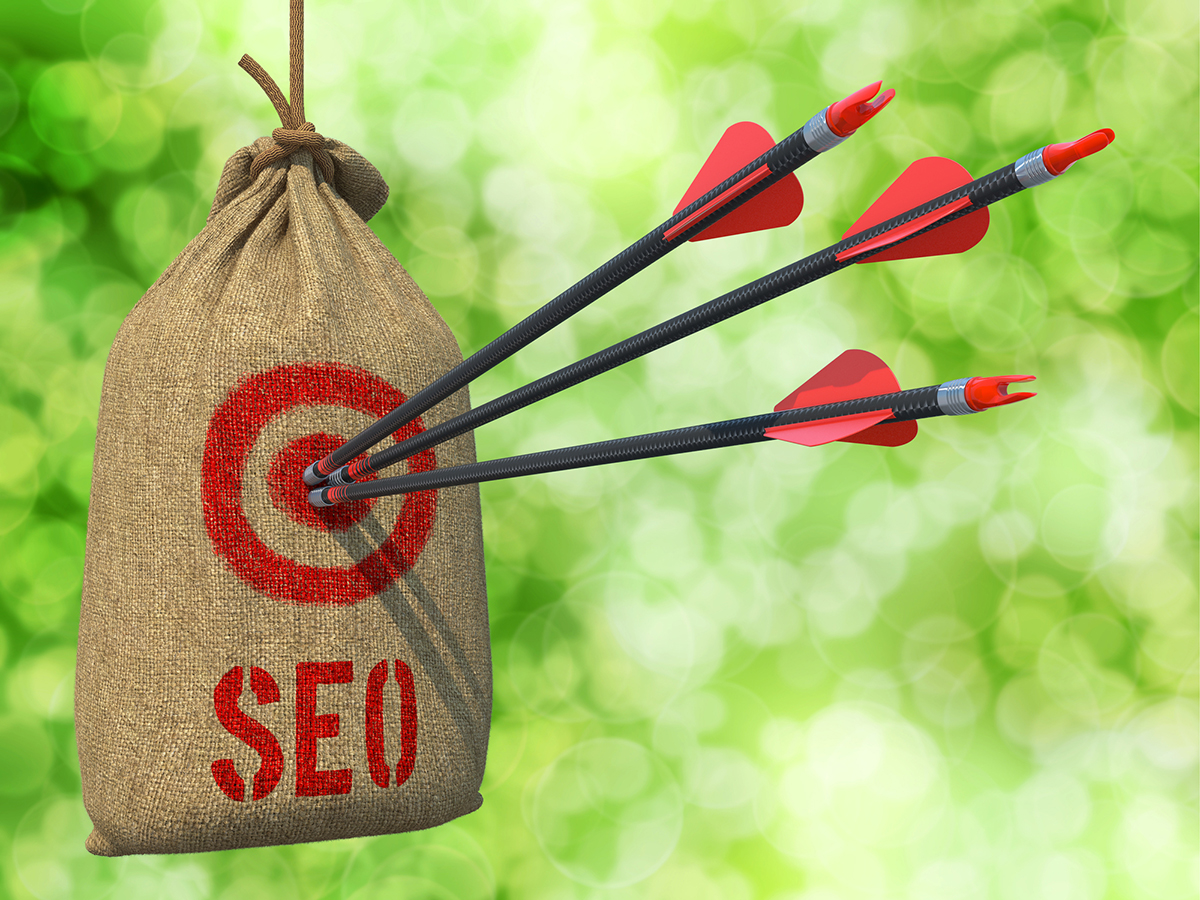 SEO for therapists creative representation: a photo showing three arrows that hit the center of a hanging bag serving as a target and marked as SEO