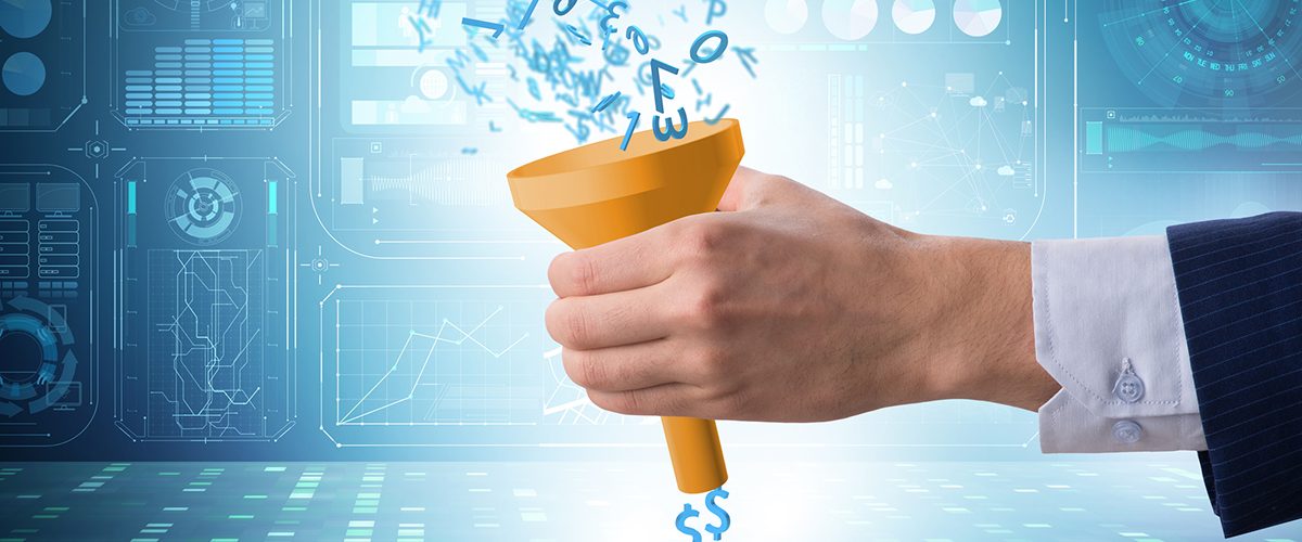 sales funnel and conversion creative representation: a hand holding a funnel where numbers are pouring in and income is coming out