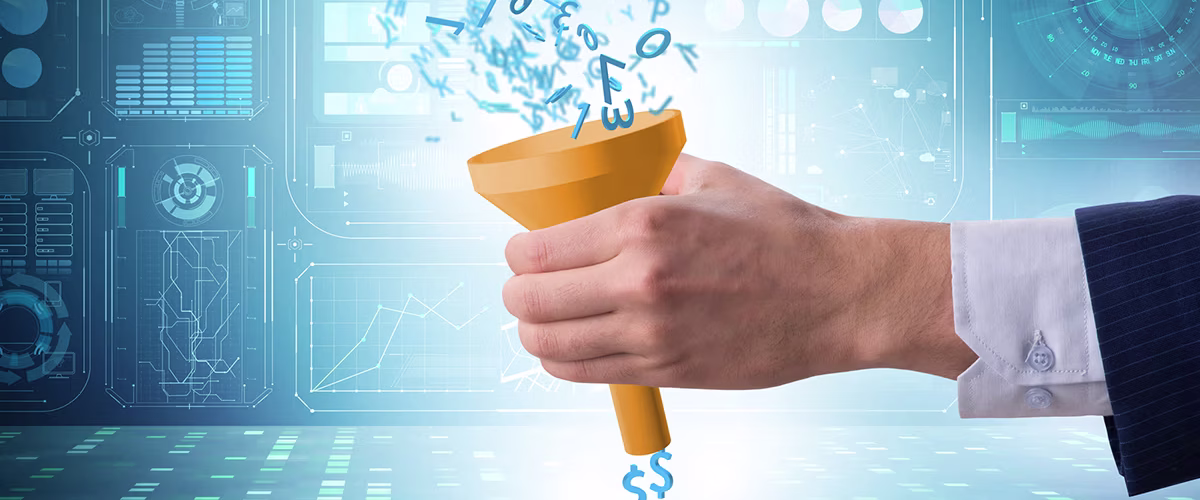 sales funnel and conversion creative representation: a hand holding a funnel where numbers are pouring in and income is coming out