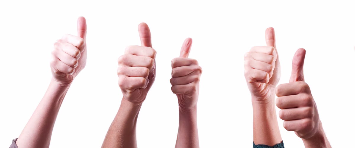 Online reviews and customer feedback - an image of five hands, all raised, and all are showing a thumbs up.