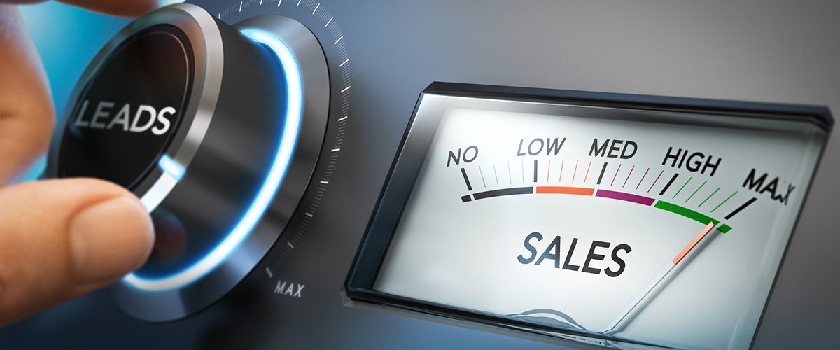 creative representation of increasing sales: a button labeled as "leads" and a sales meter that reads "no-low-medium-high-max" beside it