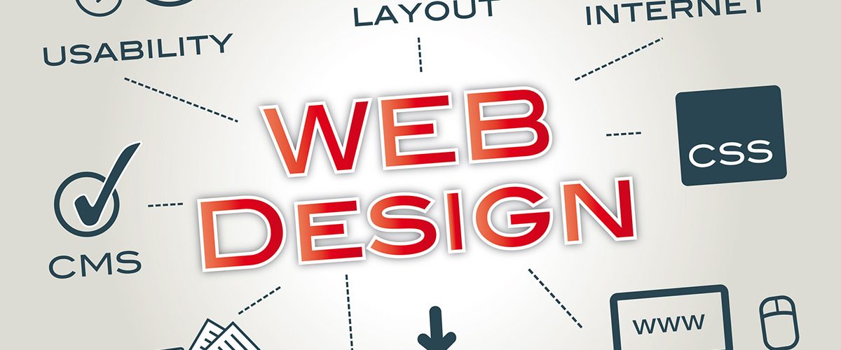 An illustration showing the phrase "web design" in capitalized red font surrounded by text and icons for usability, layout, internet, CSS, homepage, media, content, and CMS