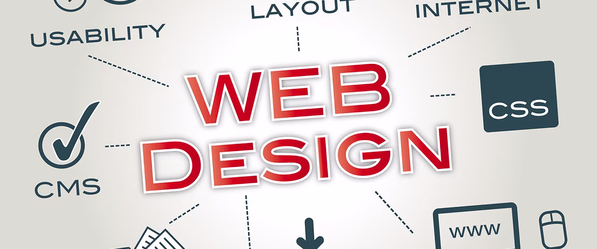 An illustration showing the phrase "web design" in capitalized red font surrounded by text and icons for usability, layout, internet, CSS, homepage, media, content, and CMS